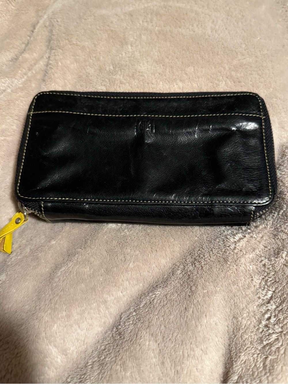 Tusk Vintage Black Leather Zip Around Wallet with Yellow Accent